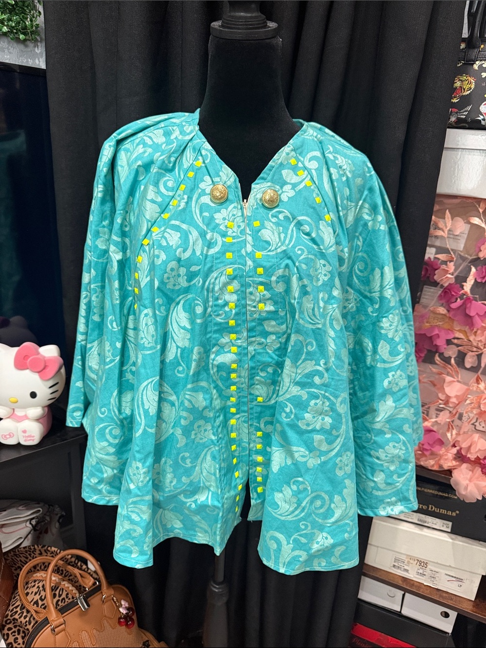 Teal Floral Zip-Front Cape Jacket with Decorative Buttons